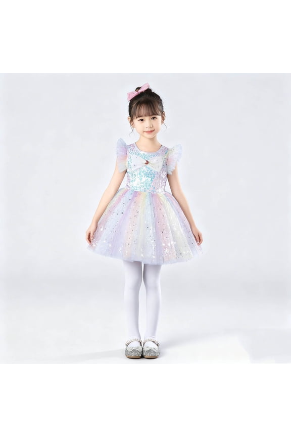 Girls Sequin Dress Star Sequin Mesh Skirt Tween Girl Sleeveless Round Neck Prom Party Dress Performance Costume White 12-13 Years