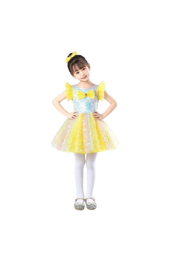 Girls Sequin Dress Star Sequin Mesh Skirt Tween Girl Sleeveless Round Neck Prom Party Dress Performance Costume Yellow 4-5 Years