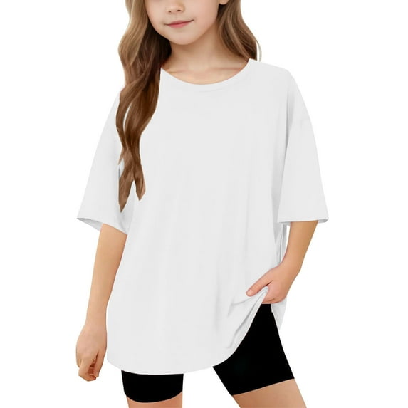BRGZLK Girls Short Sleeve T Shirts Fashion Casual Solid Color Loose Fit Oversized Short Sleeve Round Neck Basic Comfy Breathable Top Shirt White 10-11 Years