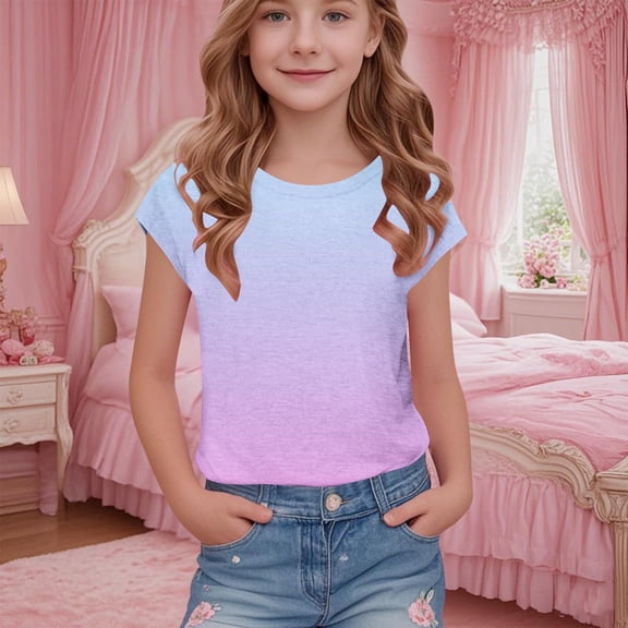 BRGZLK Girls Short Sleeve T-Shirts Spring Summer Fashion Gradient Printed Tee Children's Round Neck School Blouse Tops Light Blue 11-12 Years