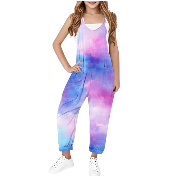 BRGZLK Girls Sleeveless Jumpsuit Long Pants 2026 Spaghetti Straps Stylish Tie Dye Romper Pants Lightweight Casual Overalls with Pockets Blue 11-12 Years