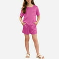 thumbnail image 1 of BRGZLK Girls Slik Homewear Unisex Solid Color Short Sleeve Round Neck Top Short Pants Home Clothing Two Pieces Set for Flora Party Hot Pink 11-12 Years, 1 of 5