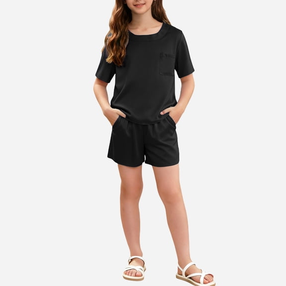 BRGZLK Girls Slik Homewear Unisex Solid Color Short Sleeve Round Neck Top Short Pants Home Clothing Two Pieces Set for Flora Party Black 9-10 Years
