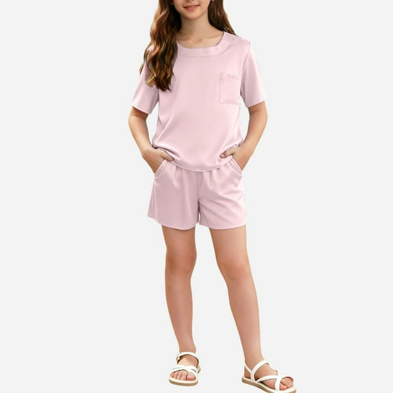 BRGZLK Girls Slik Homewear Unisex Solid Color Short Sleeve Round Neck Top Short Pants Home Clothing Two Pieces Set for Flora Party Pink 11-12 Years