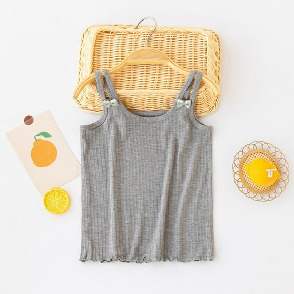 BRGZLK Girls Spaghetti Strap Camisole Trendy Solid Color Cute Bow Round Neck Undershirts Summer Comfortable Soft Thin Ribbed Modal Tank Top Gray 3 Years