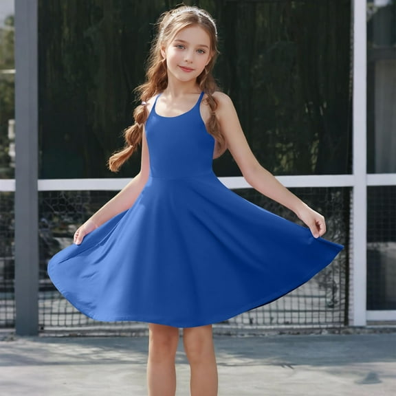 BRGZLK Girls Spaghetti Strap Tennis Dress Kids Trendy Solid Round Neck Sleeveless Stretchy A Line Dress for School Recital with Pocket Dark Blue 6-7 Years