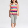 thumbnail image 1 of BRGZLK Girls Summer 2 Piece Outfits Rainbow Stripe Cotton T-Shirts Elastic Waist High Waist Soft Stretch Capri Pants Casual Comfy Matching Set for Daily Wear Gray 9-10 Years, 1 of 5