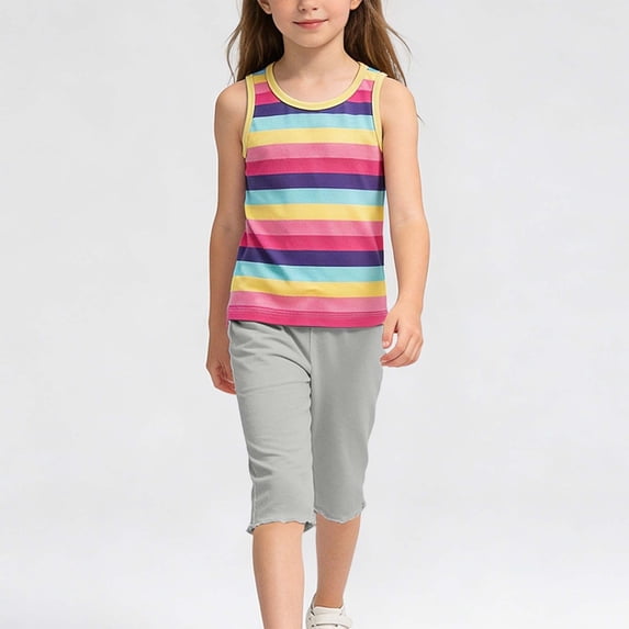 BRGZLK Girls Summer 2 Piece Outfits Rainbow Stripe Cotton T-Shirts Elastic Waist High Waist Soft Stretch Capri Pants Casual Comfy Matching Set for Daily Wear Gray 9-10 Years