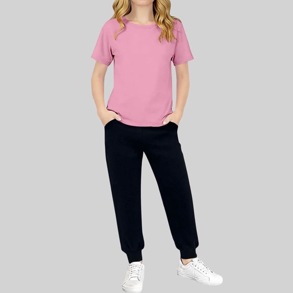 BRGZLK Girls Summer 2 Piece Outfits Solid Color Short Sleeve Casual Crewneck Basic T Shirts Elastic Waist Long Pants Kids Two-Piece Set for Daily Wear Pink 11-12 Years
