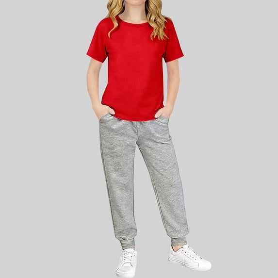 BRGZLK Girls Summer 2 Piece Outfits Solid Color Short Sleeve Casual Crewneck Basic T Shirts Elastic Waist Long Pants Kids Two-Piece Set for Daily Wear Red A 11-12 Years
