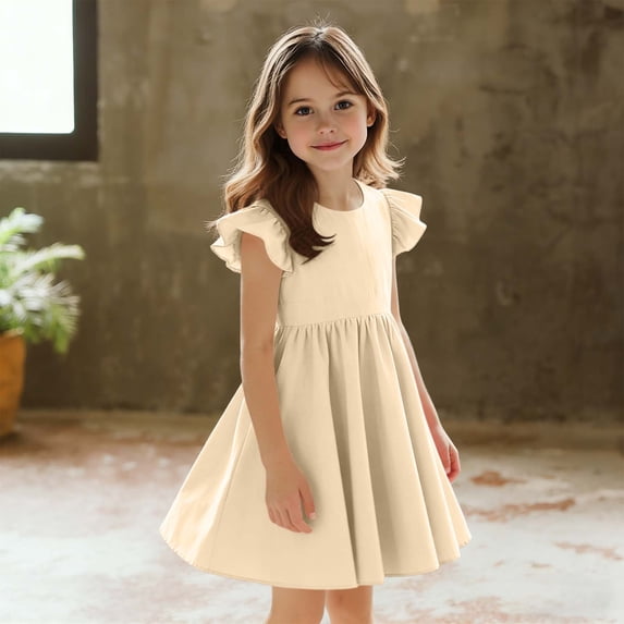 BRGZLK Girls Summer Cotton Dresses Sweet Solid Color Round Neck Tie-Back Bow Ruffle Short Sleeve Midi Dresses Casual A-Line Sundress for Wedding Party Yellow 2-3 Years