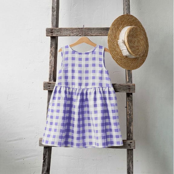 BRGZLK Girls Summer Cotton Linen Dresses Trendy Checkered Print Round Neck Sleeveless Back Lace Up Knee-Length Dress Purple 7-8 years