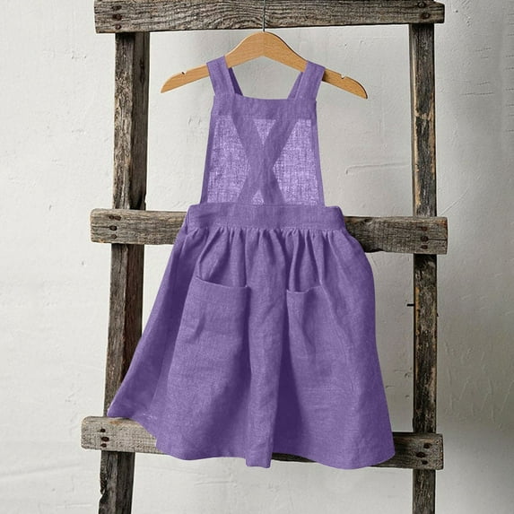 BRGZLK Girls Summer Cotton Linen Dresses Trendy Solid Color Back Button Up Suspender Casual Sundress with Pockets Purple 7-8 Years