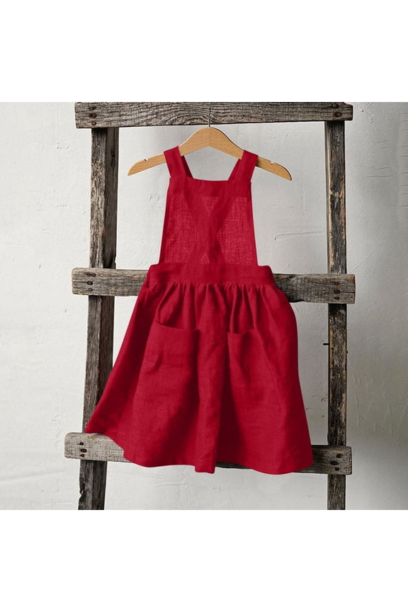 Girls Summer Cotton Linen Dresses Trendy Solid Color Back Button Up Suspender Casual Sundress with Pockets Red 9-10 Years