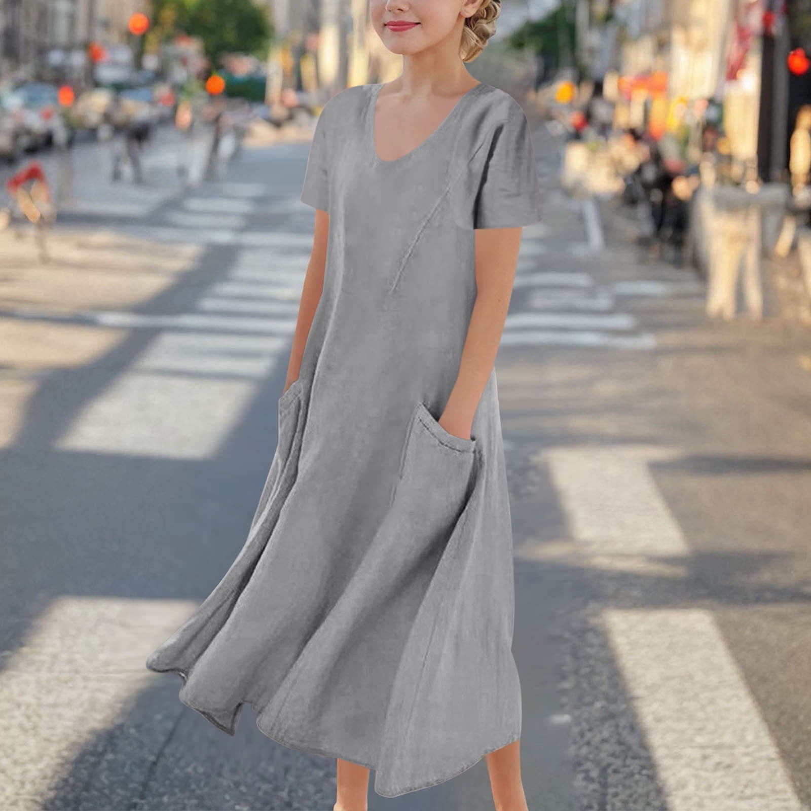 Brgzlk Girls Summer Cotton Linen Dresses Trendy Solid Round Neck Short Sleeve Flowy A-Line Dresses Breathable Comfortable Beach Vacation Dresses Gray
