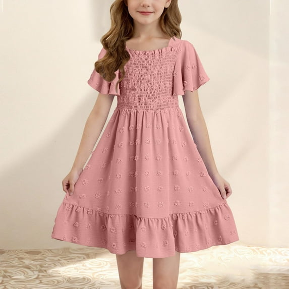 BRGZLK Girls Summer Dress Cute Solid Short Sleeve Round Neck Casual Flowy Smocked A-Line Dress Pink 10-11 Years
