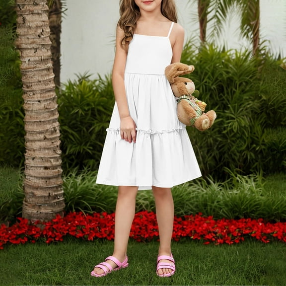 BRGZLK Girls Summer Dress Trendy Color-Blocked Sling Backless Bow Dress Cute Casual Tiered Swing Midi Sundress White 12-13 Years