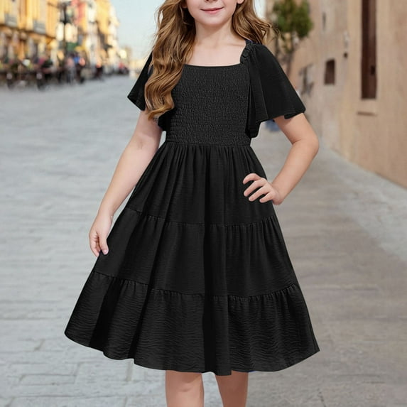 BRGZLK Girls Summer Dress Trendy Solid Boho Casual Smocked Swing Flowy Ruffle Waist Cinched Midi Dresses with Pockets Black 7-8 years