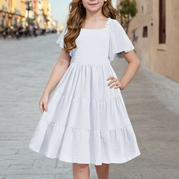 BRGZLK Girls Summer Dress Trendy Solid Boho Casual Smocked Swing Flowy Ruffle Waist Cinched Midi Dresses with Pockets White 11-12 years