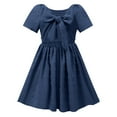 thumbnail image 1 of BRGZLK Girls Summer Dress Trendy Solid Color Ruffle Sleeve Round Neck Tiered A-Line Dress Casual Tie Back Princess Dress Navy 7-8 years, 1 of 6
