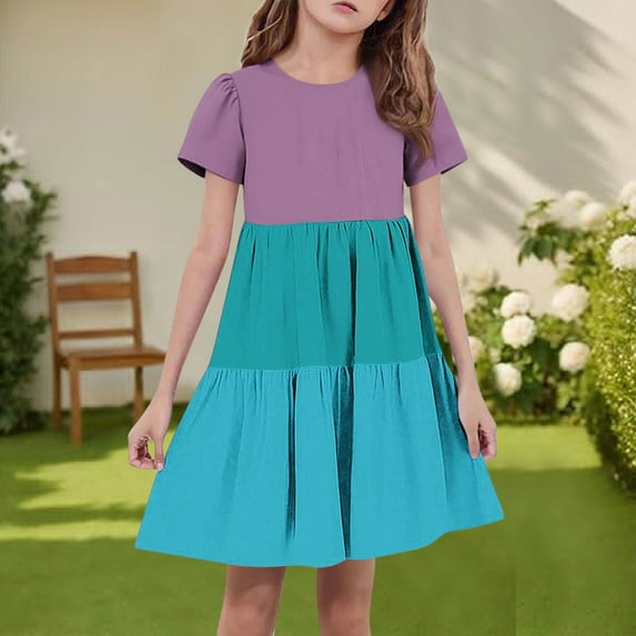 BRGZLK Girls Summer Dresses Cute Color-Blocked Short Sleeve Round Neck Swing Ruffle Tiered Flowy Dress Mint Green 10-11 Years