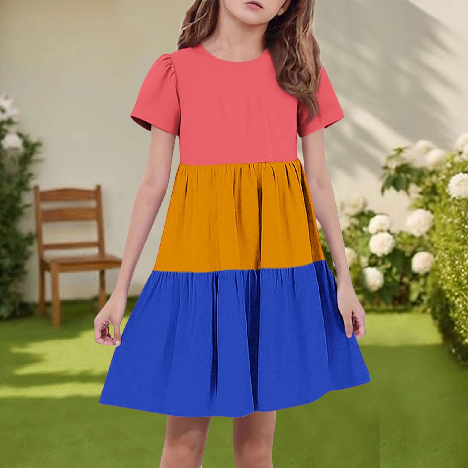BRGZLK Girls Summer Dresses Cute ColorBlocked Short Sleeve Round Neck — free download