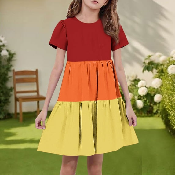 BRGZLK Girls Summer Dresses Cute Color-Blocked Short Sleeve Round Neck Swing Ruffle Tiered Flowy Dress Red 14-15 Years