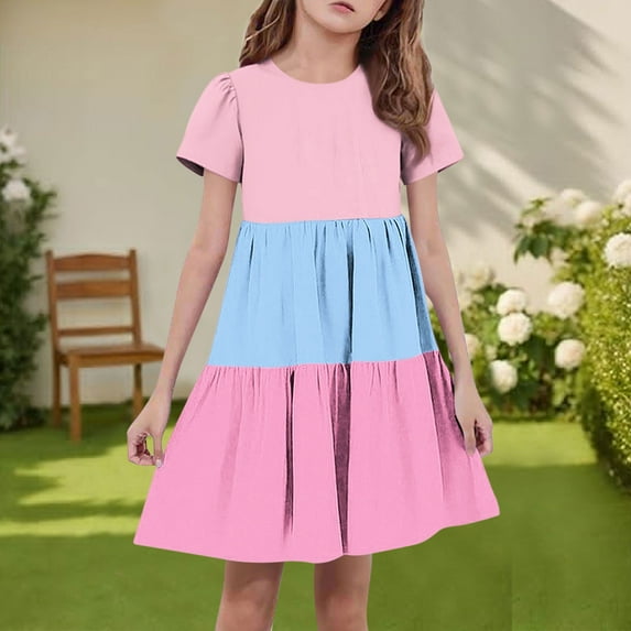 BRGZLK Girls Summer Dresses Cute Color-Blocked Short Sleeve Round Neck Swing Ruffle Tiered Flowy Dress Sky Blue 6-7 Years