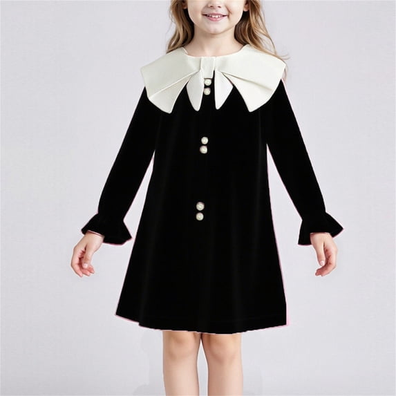 BRGZLK Girls Summer Dresses Long Sleeve Color Block Lace Trim Round Neck Skirt Casual Trendy Party Pullover Dresses for Kids Black 3-4 Years