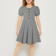 thumbnail image 1 of BRGZLK Girls Summer Dresses Trendy Solid Color Round Neck Puff Sleeve A-Line Dress Casual Comfortable Holiday Midi Dress Gray 11-12 Years, 1 of 7