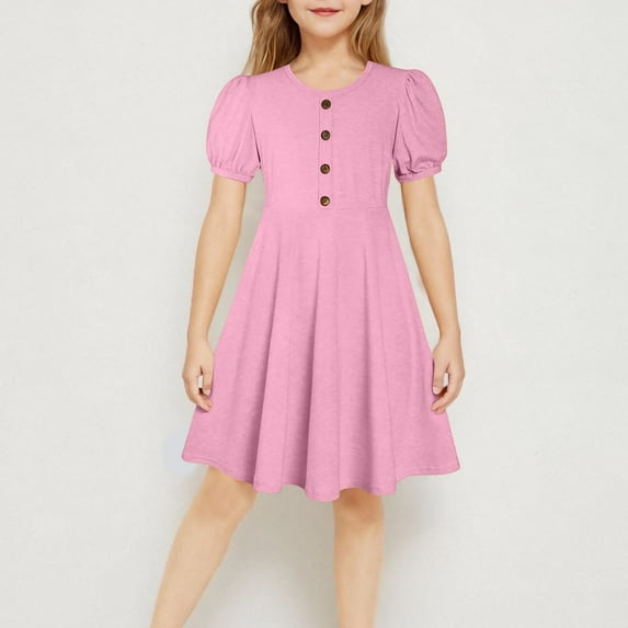 BRGZLK Girls Summer Dresses Trendy Solid Color Round Neck Puff Sleeve A-Line Dress Casual Comfortable Holiday Midi Dress Pink 14-15 Years