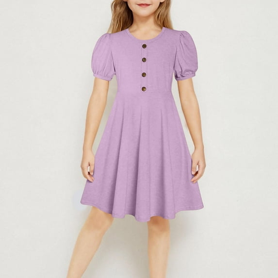 BRGZLK Girls Summer Dresses Trendy Solid Color Round Neck Puff Sleeve A-Line Dress Casual Comfortable Holiday Midi Dress Purple 7-8 Years