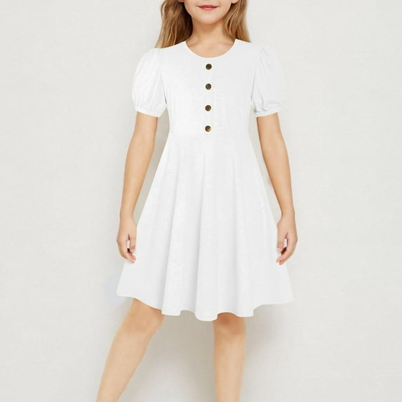 BRGZLK Girls Summer Dresses Trendy Solid Color Round Neck Puff Sleeve A-Line Dress Casual Comfortable Holiday Midi Dress White 11-12 Years