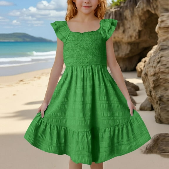 BRGZLK Girls Summer Dresses Trendy Solid Color Ruffle Sleeve Square Neck Pleated Layered A-Line Dress Green 13-14 Years