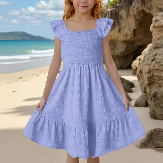 BRGZLK Girls Summer Dresses Trendy Solid Color Ruffle Sleeve Square Neck Pleated Layered A-Line Dress Light Blue 13-14 Years