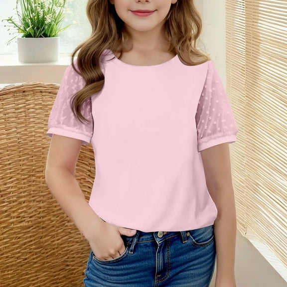 BRGZLK Girls Summer Lace Short Sleeve Shirts Trendy Solid Color Versatile Blouse Loose Cute Round Neck Casual Top Pink 12-13 Years