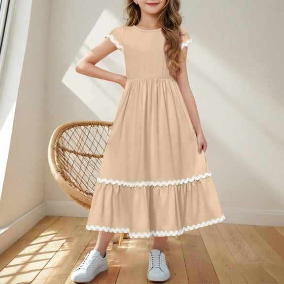 BRGZLK Girls Summer Maxi Dresses Cute Solid Color Short Sleeve Round Neck Casual Flowy Tiered Sundress with Pockets Khaki 12-13 Years