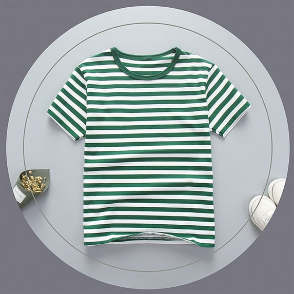 BRGZLK Girls Summer New Shirts Trendy Striped Graphic Tee Casual Raglan Short Sleeve Round Neck Cotton T-Shirt Green 3-4 Years