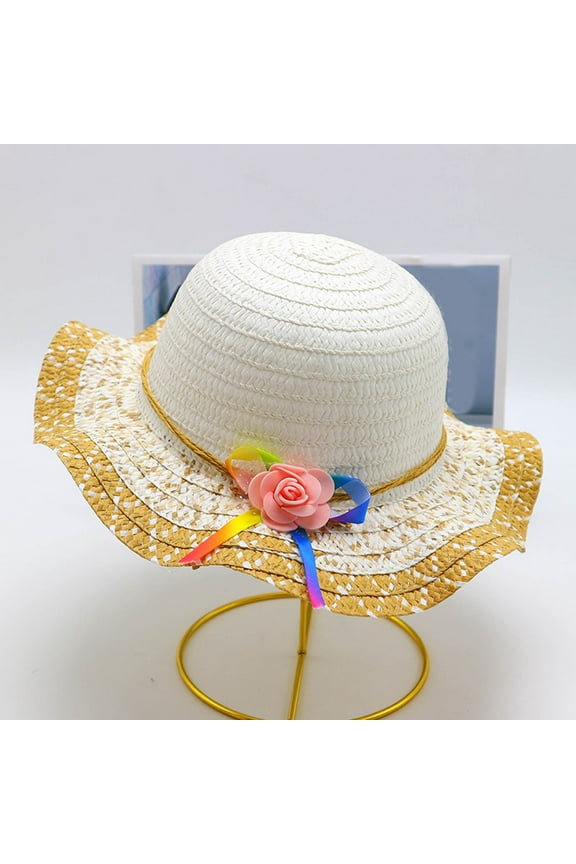Girls Summer Pretty Straw Hat Kids Large Brim Sun Protection Outdoor Hat With Bowknot for 3-7 Years Coffee Free Size