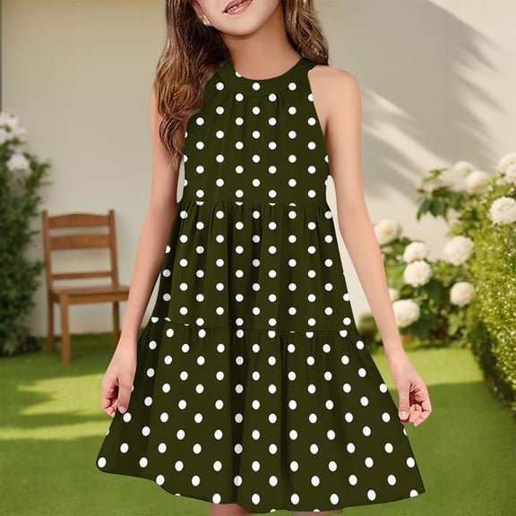 BRGZLK Girls Summer Sundress Trendy Polka Dots Print Sleeveless Patchwork Halter Dress Casual Swing Pleated A-Line Midi Dress Army Green 11-12 Years