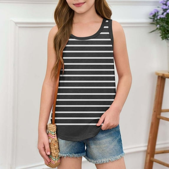 BRGZLK Girls Summer Tank Top Trendy Striped Printed Loose Fit Sleeveless Top Basic Casual Round Neck Tunic Top Black 13-14 Years