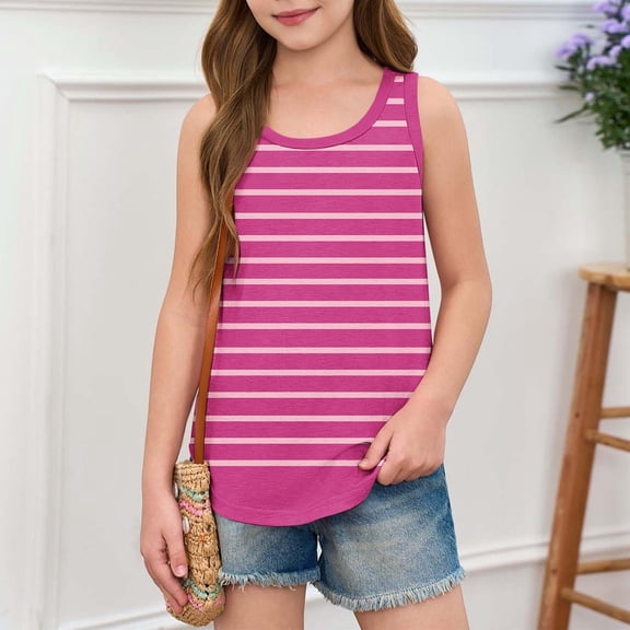 BRGZLK Girls Summer Tank Top Trendy Striped Printed Loose Fit Sleeveless Top Basic Casual Round Neck Tunic Top Hot Pink 7-8 Years