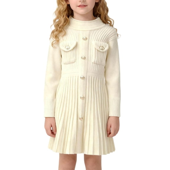 BRGZLK Girls Sweater Dress Solid Color Button Long Sleeve Knitting Elastic Waist Knee Length Sweater Dress Casual Comfort Jumpsuit Skirt Beige 3-4 Years