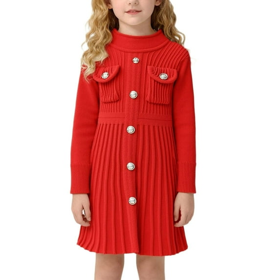 BRGZLK Girls Sweater Dress Solid Color Button Long Sleeve Knitting Elastic Waist Knee Length Sweater Dress Casual Comfort Jumpsuit Skirt Red 2-3 Years