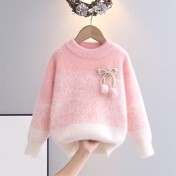BRGZLK Girls Sweaters Tulip Decorated Round Neck Long Sleeved Sweater Base Layer Casual and Comfortable Knitted Top Round Neck Sweater Pink 7-8 Years