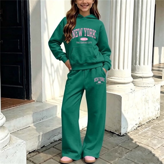 BRGZLK Girls Sweatshirt and Pants Set Vintage Y2K Letter Print Graphic Comfort Breathable Pullover Hoodie Sweatshirt and Loose Sweatpants Sweatsuit Outfits Fall Winter Clothes Green 9-10 Years