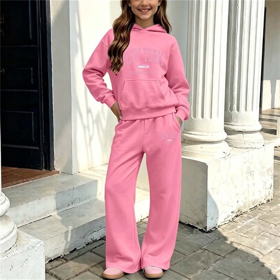 BRGZLK Girls Sweatshirt and Pants Set Vintage Y2K Letter Print Graphic Comfort Breathable Pullover Hoodie Sweatshirt and Loose Sweatpants Sweatsuit Outfits Fall Winter Clothes Pink 13-14 Years