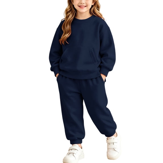 BRGZLK Girls Sweatsuit 2 Piece Set Casual Fashion Long Sleeve Warm Comfortable Crewneck Sweatshirt and Jogger Pant with Pockets Suitable for Daily Wear School Holiday Navy 10-11 Years