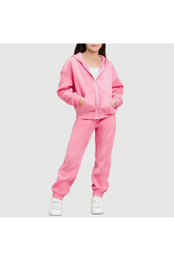 Girls Sweatsuit 2Pcs Outfits Solid color Jacket Zipper Long Sleeved Hooded Sweatshirt and Leg Tied Sweatpants Casual Jogger Sets Pink 10-11 Years