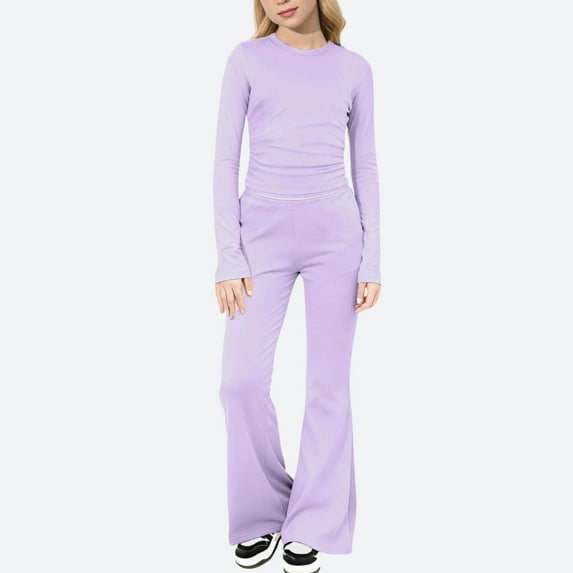 BRGZLK Girls Sweatsuit 2Pcs Outfits Solid color Long Sleeved Casual Ruffled Tops Wide Leg Pants Set Sweatsuit Yoga Tracksuit Purple 12-13 Years
